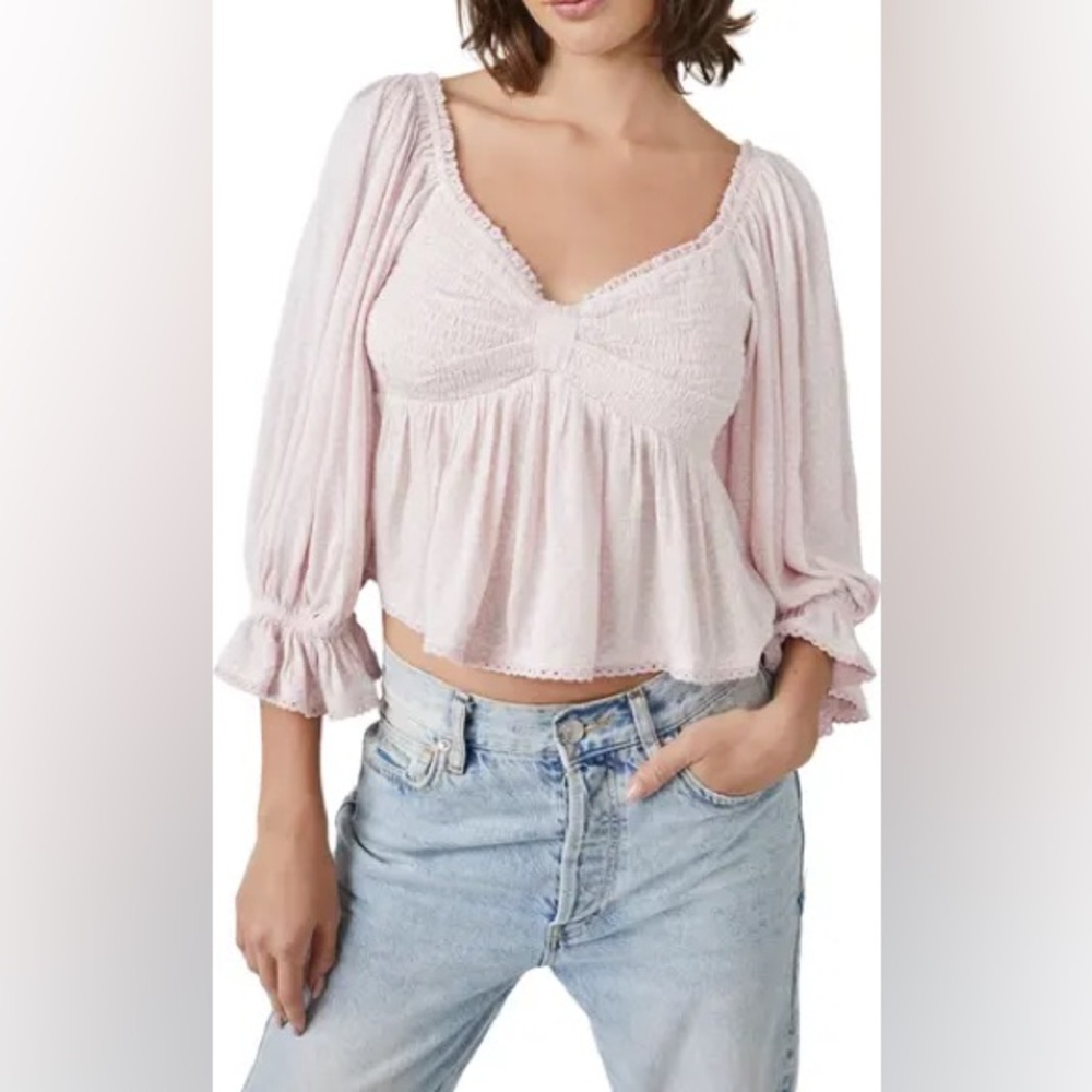 Free People Brittnee Print Smocked Peplum Top in Pink Lotus Combo